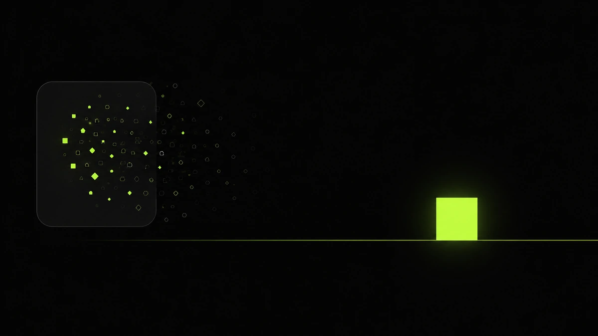 Abstract illustration of a grey rounded square containing a bright cluster of shapes that fade toward its edges, beside a smaller lime-green square anchored by a solid foundation line, representing a rented social profile next to an owned website