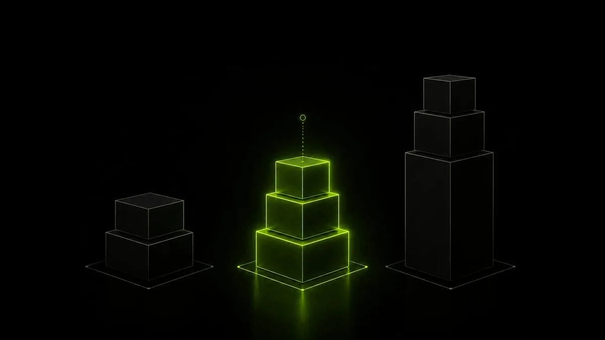 Abstract illustration of three stacked geometric pricing tiers of ascending height, with the middle tier glowing lime-green while the shortest and tallest tiers stay dim grey
