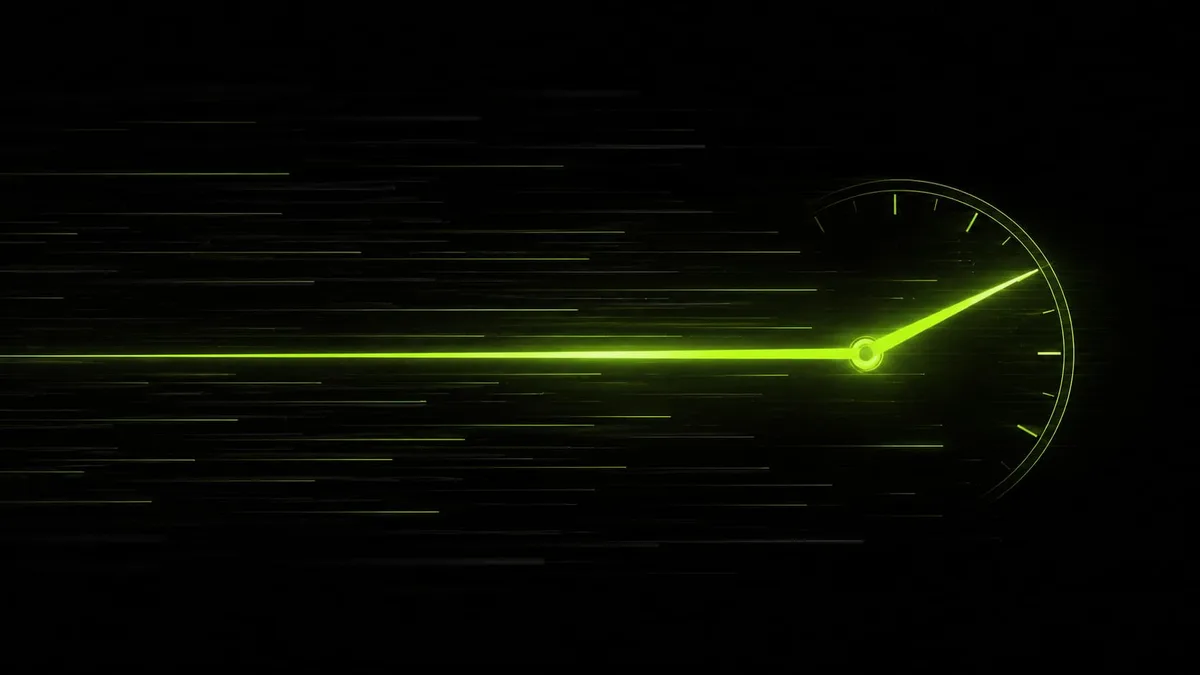 Abstract illustration of a glowing lime-green speed line cutting cleanly through a field of blurred, cluttered grey signal streaks, representing a fast website breaking through slow-loading clutter