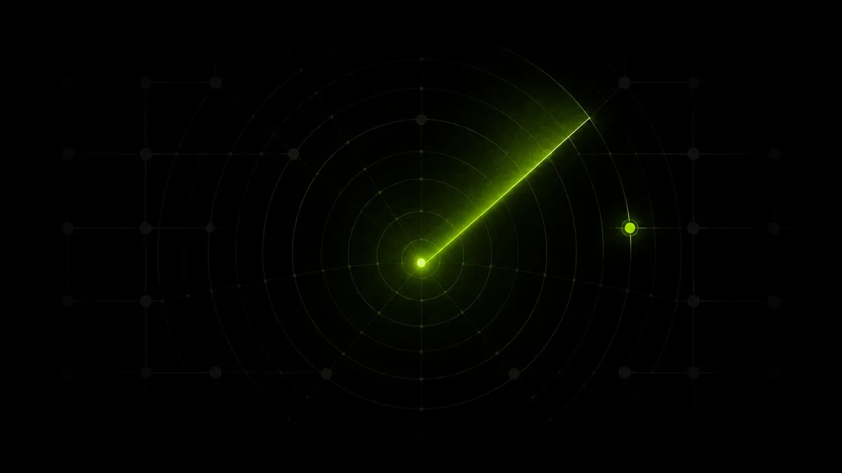 Abstract illustration of a lime-green radar signal sweeping outward from a single glowing point on a dark grid, representing website visibility and search engine indexing