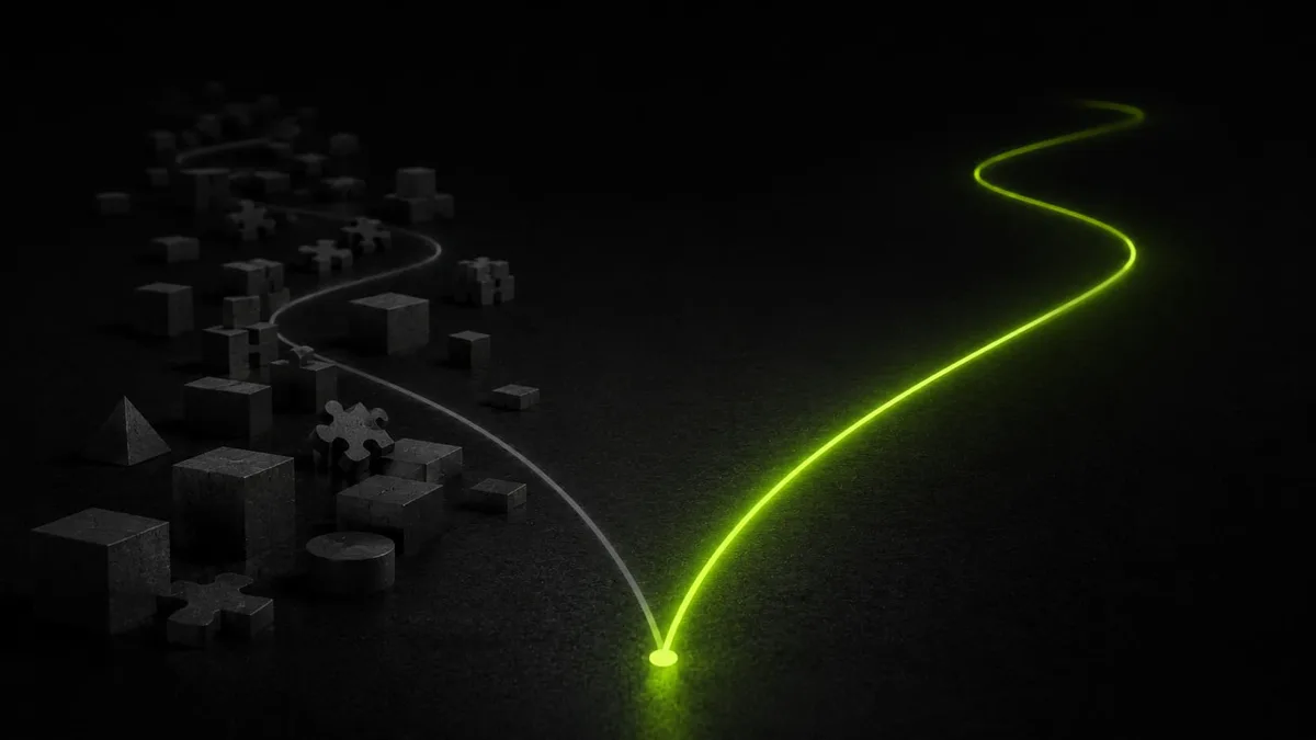 Abstract illustration of two diverging paths — one cluttered with small stacked grey blocks, the other a single clean glowing lime-green line — representing WordPress versus a custom-built website
